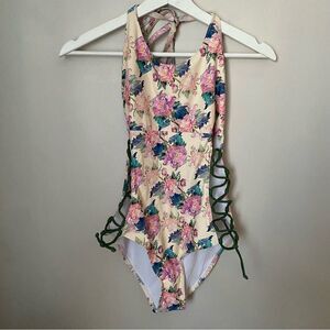 Military Hippie Bathing Suit One Piece Lace Up Sides Open Back Floral Print